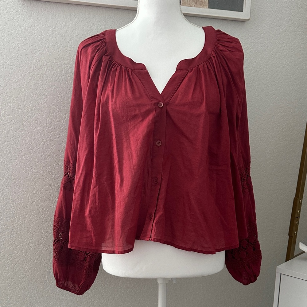 Aerie Deep Red Cropped Blouse with Button Detail and Crochet Accents on Sleeve